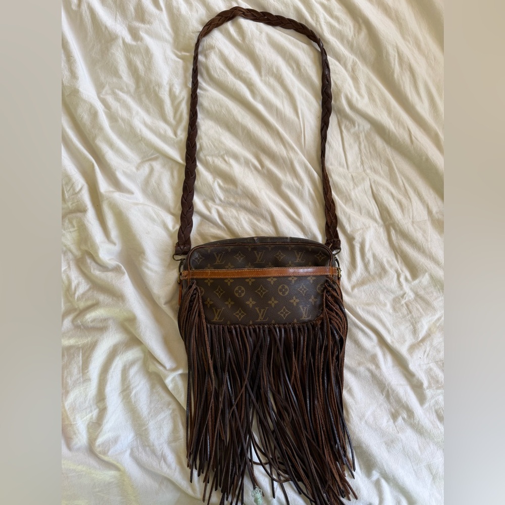 Vintage Boho Bags Brown Monogram Fringe Crossbody Bag